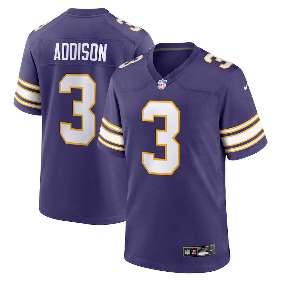 Men's Minnesota Vikings #3 Jordan Addison Purple 2023 Stitched Game Jersey